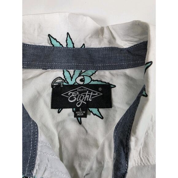 Eighty Eight Shirt Large White Shrooms Hemp Leave Print Short Sleeve button up - Picture 2 of 4